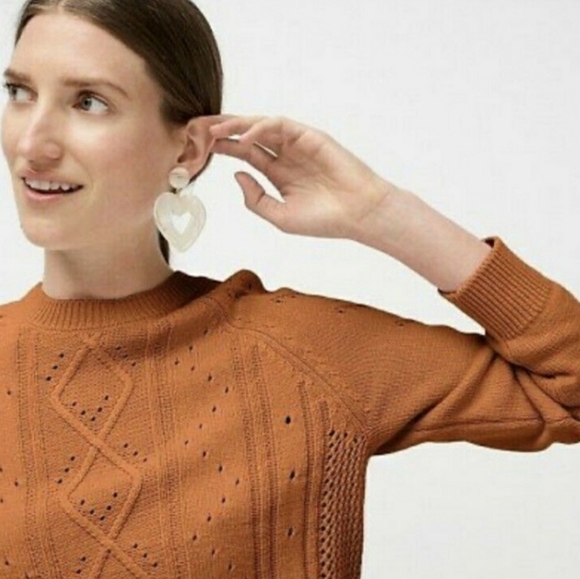 J. Crew Crewneck cable pointelle cotton sweater Small Scandi Pumpkin Caramel - Picture 1 of 10
